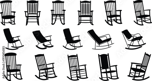 Rocking chair silhouettes collection, traditional and modern furniture designs, interior decoration elements, vintage seating illustration, home decor style reference