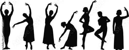 Ballet dancer silhouette collection performing graceful dance poses, classical ballet movement set, artistic performance isolated vector illustration design