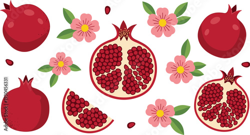 Pomegranate fruit with blossoms and seeds flat vector collection for healthy food summer pattern and organic nutrition design