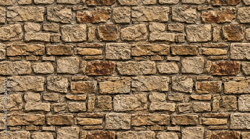 Fototapeta premium Traditional sandstone brick wall with rows of rectangular tan brown rustic blocks and mortar joints