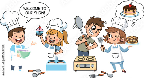 Cartoon illustration of children chefs cooking show, baking cupcakes, making pancakes, kitchen activity concept, culinary education inspiration, food art design