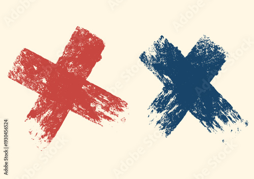 Set of red blue grunge cross shapes made with rough brush strokes, isolated on light background, ideal for urban design, symbols, and bold graphic elements.