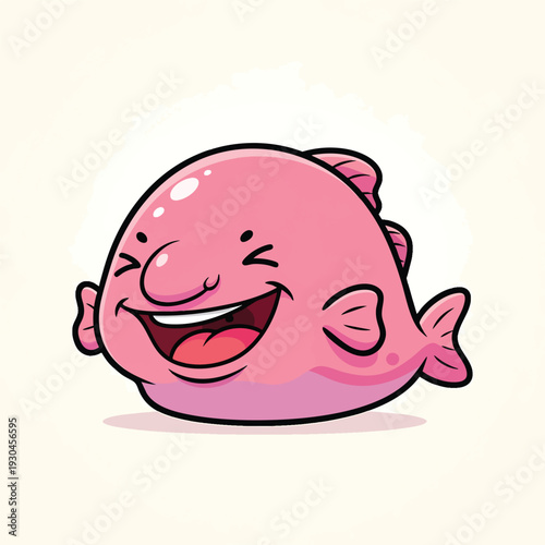 A cartoon-style illustration of a happy, plump fish. It's pink with black outlines, grinning widely, and has closed eyes. Its fins and tail are visible