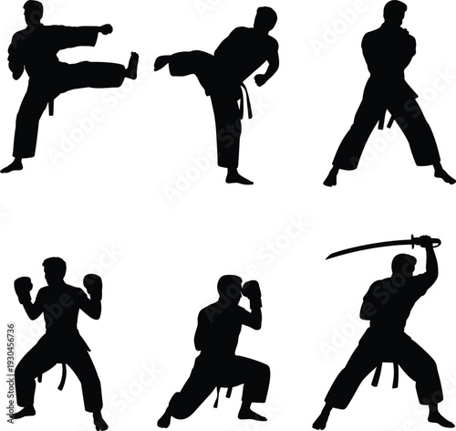 Silhouette illustration of martial arts poses, karate, kickboxing, kendo sword combat, boxing stances, discipline concept, fighting sport inspiration designSilhouette