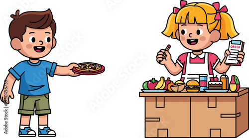 Cartoon illustration of children pretend restaurant play, food exchange, pizza, counter service, imaginative activity concept, childhood learning inspiration design