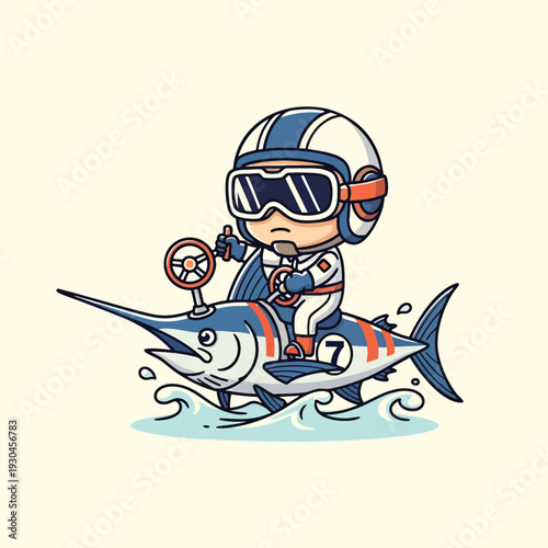 A character, wearing a helmet and goggles, rides a swordfish through the water. They hold a steering wheel. The style is cartoonish and modern