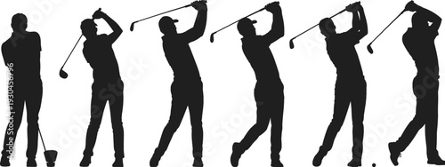 Silhouette illustration of golfer swing sequence, stance, backswing, downswing, impact, follow‑through, sports training concept, golf motion analysis inspiration