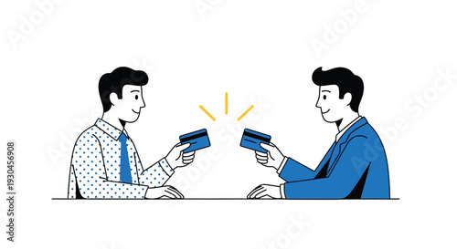Two men exchanging credit cards in a business transaction illustration design