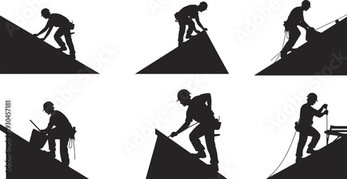 Construction worker silhouettes, rooftop labor icons, safety helmet vector, roofing job illustration, building repair clipart, industrial workforce design, handyman graphics