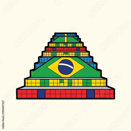 A stepped, symmetrical, abstract architectural representation, with multiple tiers and a striking color palette of green, yellow, blue, and red