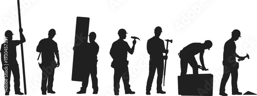 Construction worker silhouettes, building labor vector, safety helmet clipart, industrial workforce illustration, repair job design icon, handyman artwork graphic