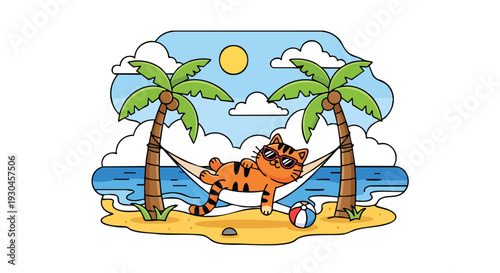 A cartoon scene shows a feline on a beach. It's resting in a hammock slung between two palm trees. A sun shines, with ocean, sand, and clouds