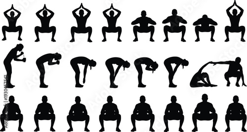 Silhouette squat exercise poses, fitness stretching illustration, workout positions, yoga squats, body training, health activity, gym routine, physical exercise art