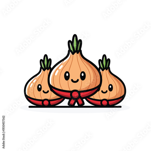 A whimsical illustration showcases three stylized, friendly onion characters. They're depicted with smiles and accessorized with red bows, all in a cute style