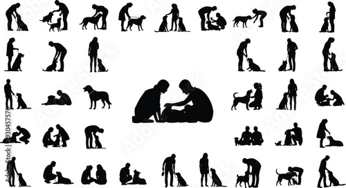 Dog training and pet care silhouette collection showing people interacting with dogs walking feeding playing grooming and bonding activities illustration
