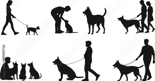 Dog walking silhouettes, pet owner vector, human animal bond clipart, companionship illustration, training design icon, family pet artwork graphic