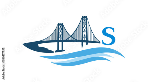 A stylized illustration features a suspension bridge, water, land, and the letter "S" in a blue palette