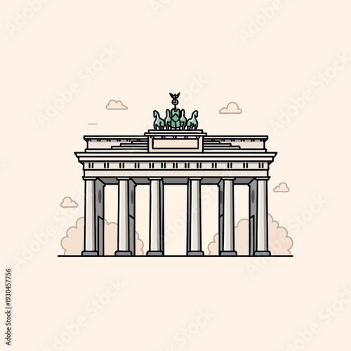 A cartoon rendering of a landmark archway, featuring columns and a sculpture atop, set against a light-toned background with clouds