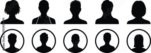 Silhouettes of human profile icons, avatar busts, circular user identification symbols, social media design elements, anonymous digital identity representation
