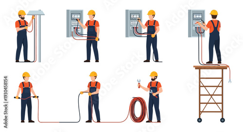 Electricians performing various tasks with electrical panels and equipment