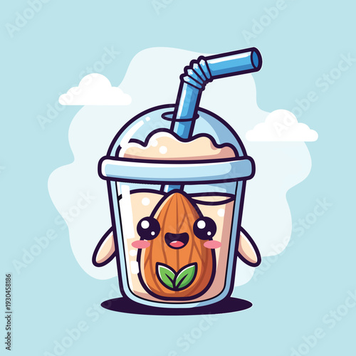 A cartoon image depicting a milkshake with a cute almond character at the center, surrounded by two white clouds and a soft blue background