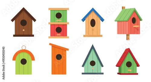Colorful collection of wooden birdhouses in various shapes and designs