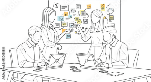 Business professionals outline ideas using sticky notes on a whiteboard in.