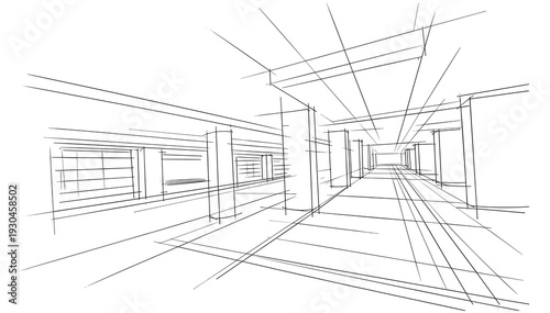 Architectural perspective sketch interior corridor, modern building hallway line drawing, urban construction design concept, technical outline vector illustration background