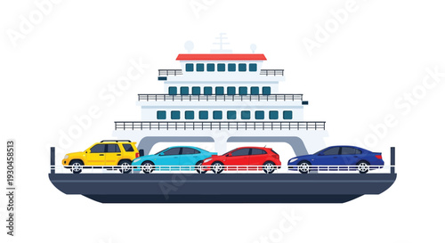 Ferry transporting various colored cars across the water