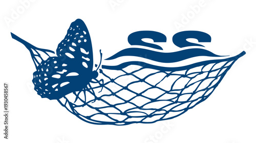A stylized illustration features a butterfly caught in a net with wavy lines and two "S" letters