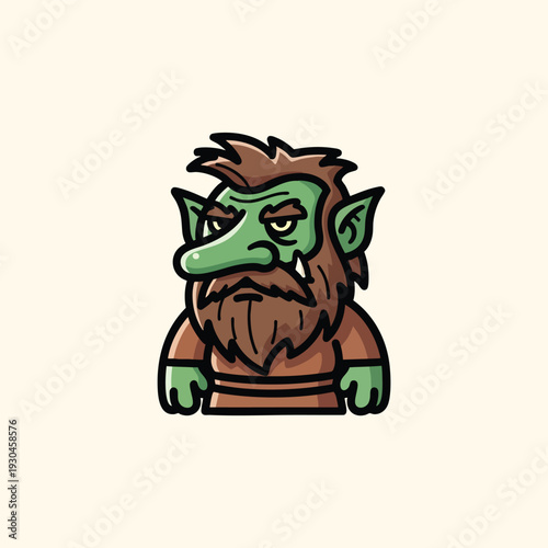 A cartoonish, grumpy humanoid creature with a green face, brown hair and beard, and wearing brown clothes. Cartoonish features are emphasized