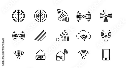 A set of black and white vector icons representing WiFi signals and connectivity