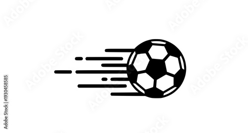 A black and white vector graphic of a soccer ball in motion