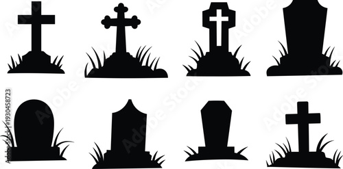 Gravestone silhouettes, cemetery tombstone icons, Halloween graveyard illustration, memorial headstone vector, spooky burial design, gothic funeral clipart, RIP graphics