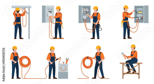 Electricians performing various tasks with electrical panels and equipment