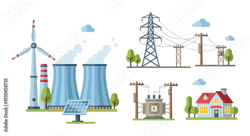 Diverse energy sources including wind solar and traditional power plants