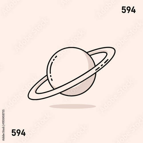 A cartoon depiction of a ringed planet, likely a gas giant, against a beige background, with two "594" numbers