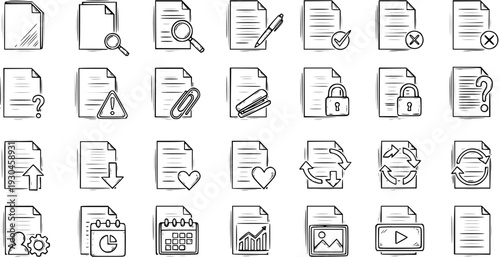 Hand-drawn Document  File Icon Set: Sketchy Doodle Symbols for Search, Edit, Secure, Upload, Download, Calendar, Chart, Media Management