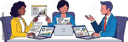 Diverse executives review complex data reports during a serious boardroom.