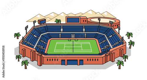 Illustration of a tennis stadium with surrounding palm trees and mountains