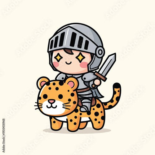 A kawaii knight in armor holding a sword, riding a spotted big cat animal. Both characters are smiling with rosy cheeks and shining eyes