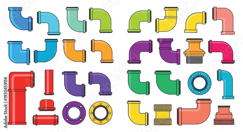 Colorful collection of plastic pipe fittings arranged in a grid pattern