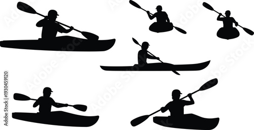 Kayaking silhouettes of athletes paddling in motion, water sports illustration, outdoor adventure design, dynamic kayak poses, recreational activity collection