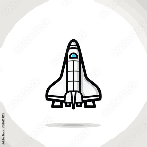 A white, cartoon-style space shuttle with black outlines and details. A blue window sits atop the ship's body. Background has a light, round texture