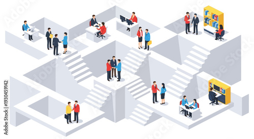 Isometric illustration of a busy modern office space with many workers