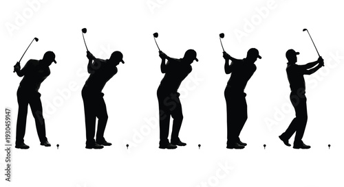 golfer silhouettes demonstrating various stages of a golf swing in vector graphic illustration