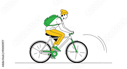 Young man riding a bicycle with a backpack on his back in a vector illustration