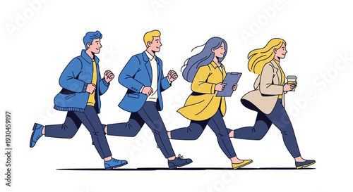 Group of business professionals walking together in a modern office environment illustration