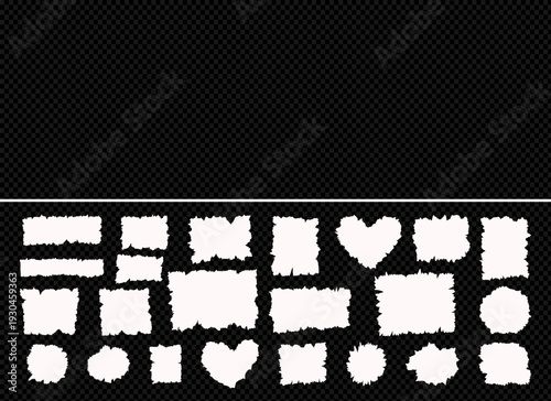 Torn sheets pieces of paper stripes torn edge set. Ripped collage set of shapes transparent background. Ripped heart, oval, rectangle clip art. Ripped paper note border grunge brush stroke
