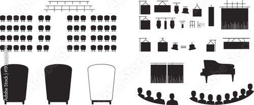 Theater stage elements silhouettes set, auditorium seating, lighting equipment, audience crowd, curtains and grand piano, performance venue vector illustration collection